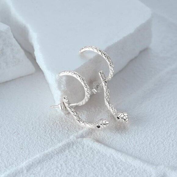 Silver & Gold Snake Dangle Earrings - Women's Serpent Drop Earrings in Black & S - Picture 3 of 8